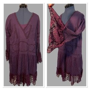NWT Indigo Thread Co Purple Lace Trim Flare Sleeve Boho Tunic Dress Whimsigoth M